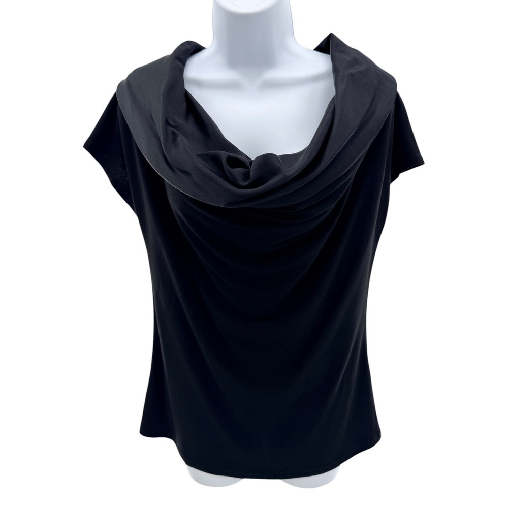 NWT Josie Natori Moss Jersey Cowl‎ Neck Draped Top Blouse Silk Trim Black M